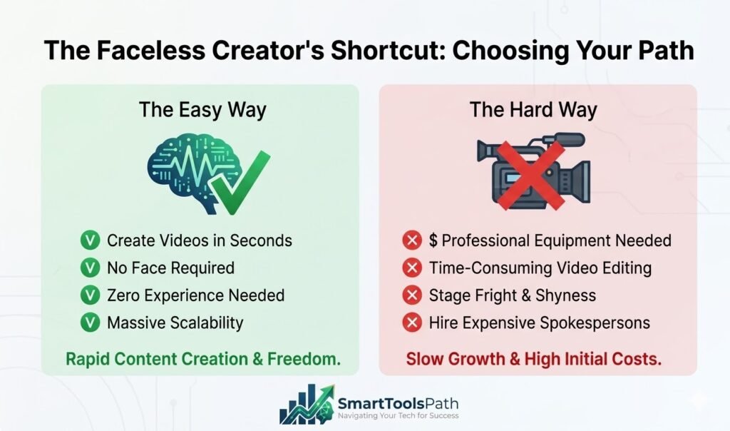 Comparison infographic showing the easy way vs the hard way to start an AI faceless YouTube channel, featuring content automation benefits and smart tools path logo.