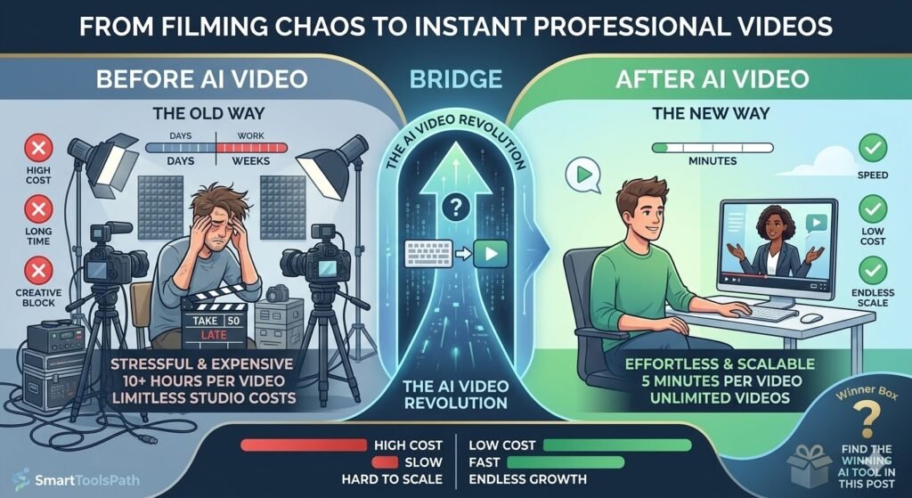 Best AI avatar generators infographic showing before vs after AI video creation. Traditional video production is slow, expensive, and hard to scale, while AI avatar generators create fast, realistic, and scalable videos.