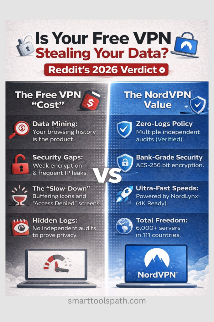 Featured image for 'NordVPN vs Free VPN Reddit 2026' comparison post